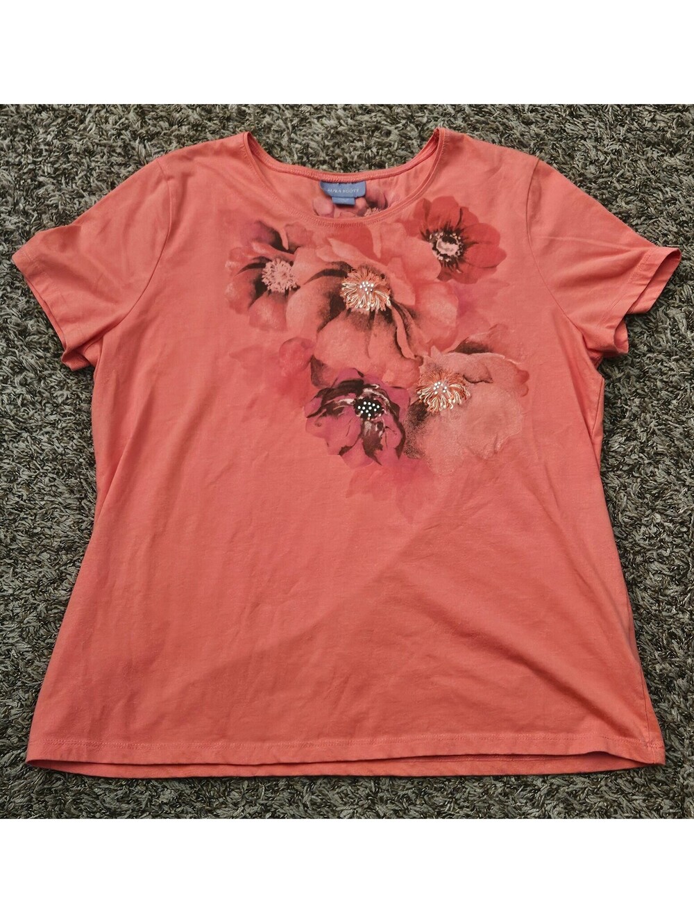 Preppy Laura Scott Coral Rhinestone Floral Embellished Tee L